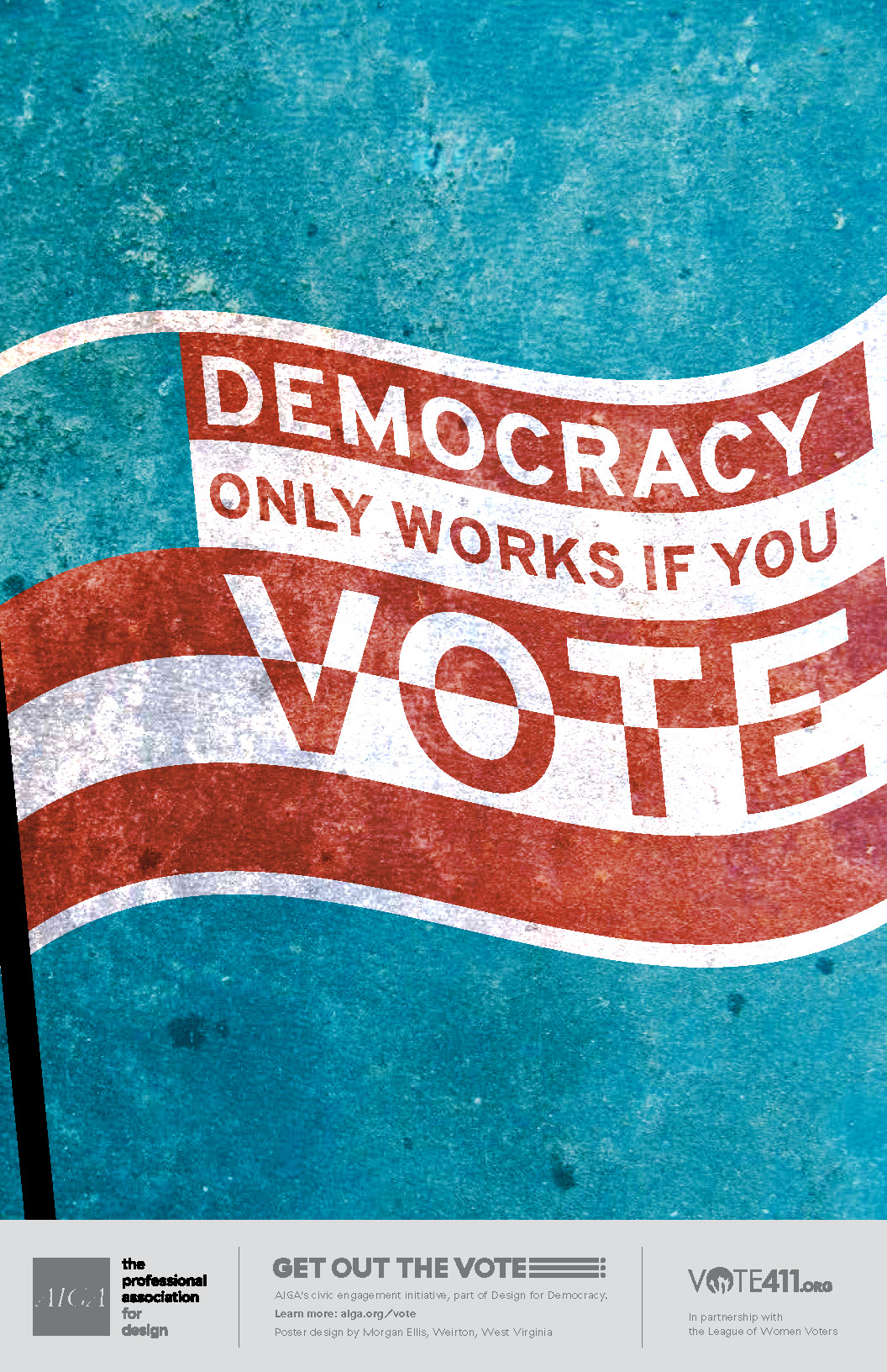 This poster design is focusing on a feeling of patriotism. The poster design features a stylized American flag waving in the wind, with the typography 'Democracy only works if you vote,' being reversed in and out of the stripes. In the phrase, 'Democracy' is emphasized and 'vote' is emphasized even more, taking up half of the size of the typography. It has a bright limited color palette made up of red, white, and blue to draw the eye in and further the patriotic feeling of the design.