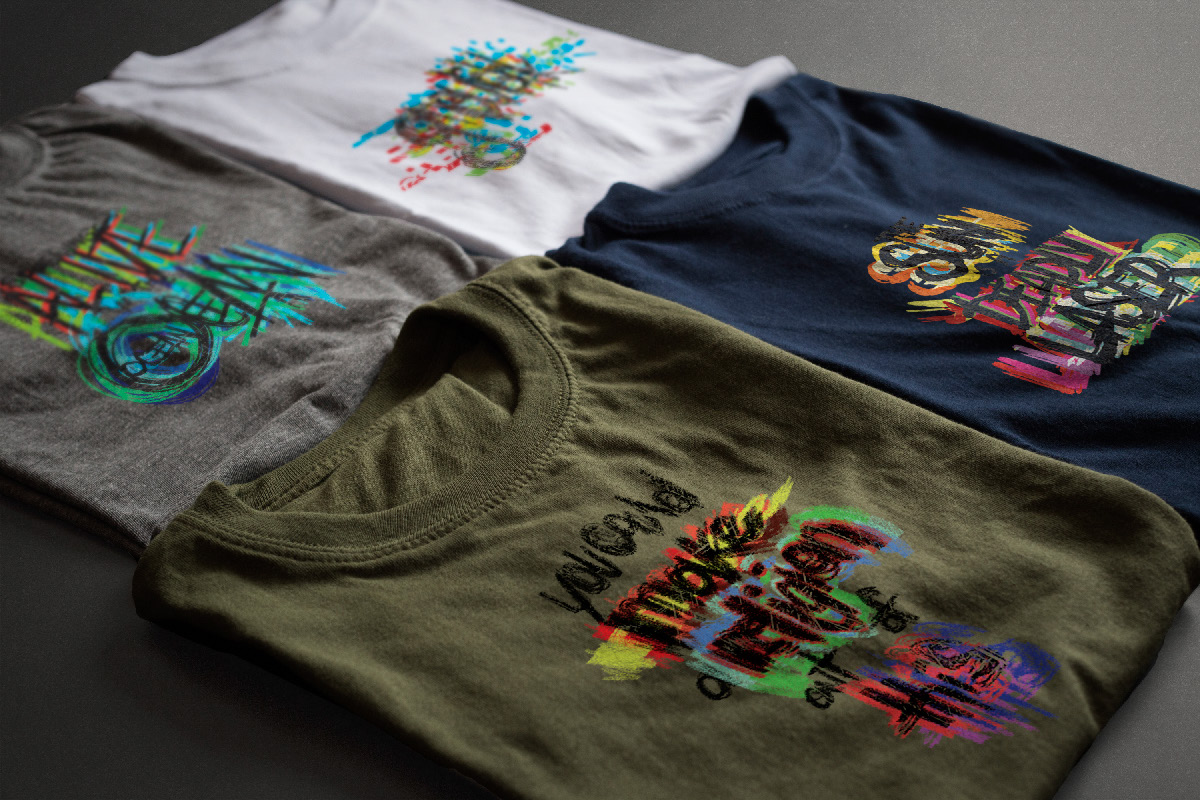 This is a mockup of all four typography designs on t-shirts.