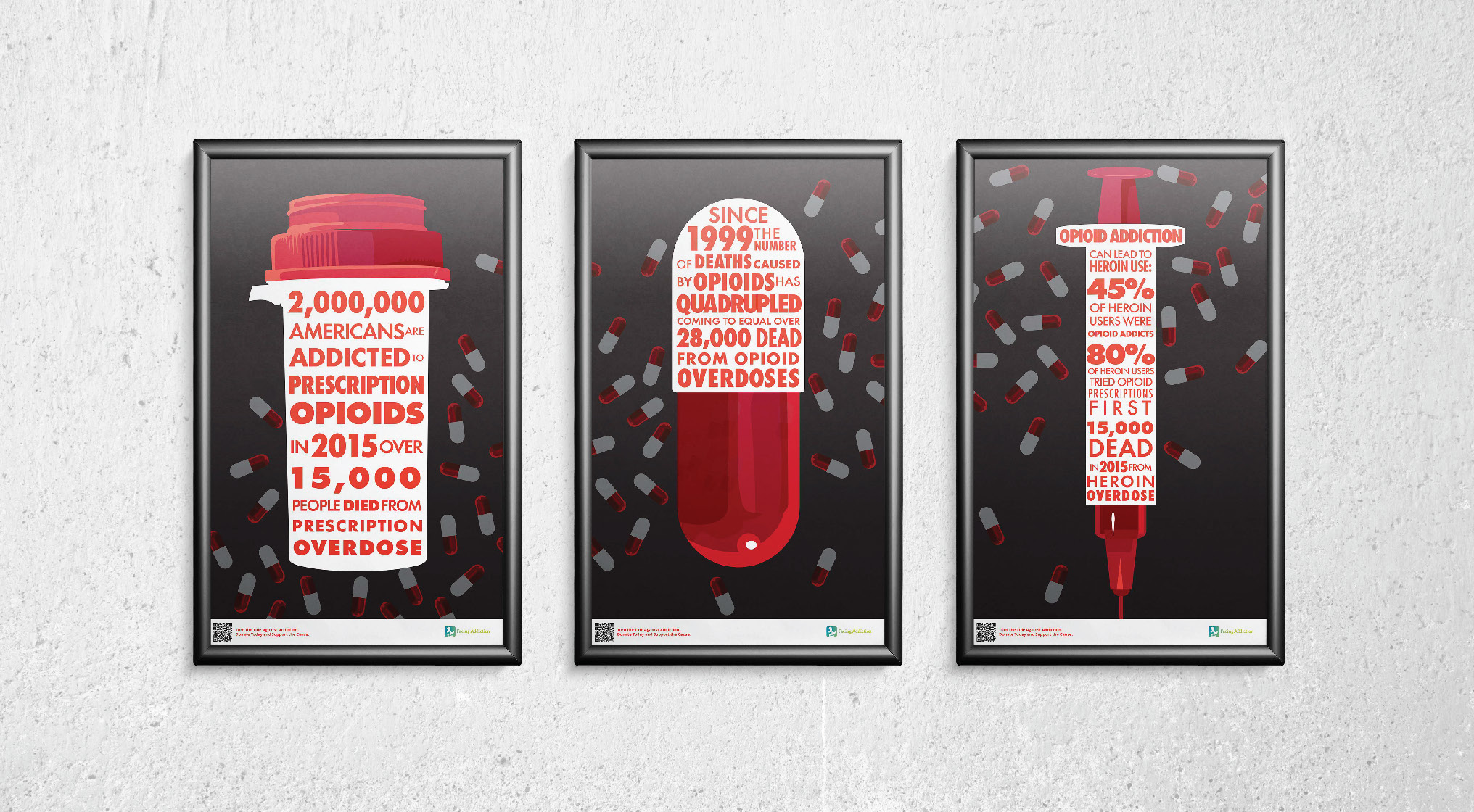 This mockup shows the poster series together in a group. By having all three posters side-by-side it is visible how they relate together and work as a series. The pill bottle, pill, and syringe follow a progression from prescription drugs to abuse and there are pills scattered throughout the background that flow from one poster to the next.