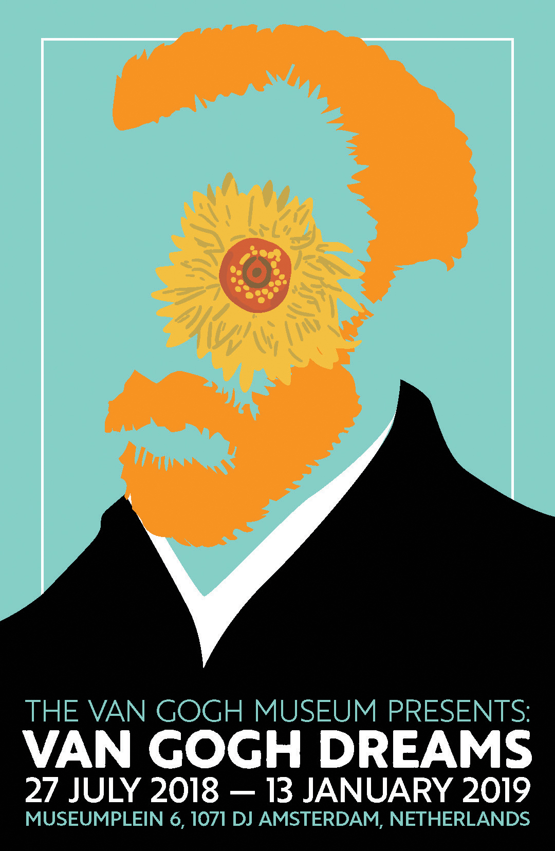 This poster design features a simple minimalist abstract illustration of the artist Vincent Van Gogh. The stylization is based off of the illustrator Noma Bar's works. The only things in the illustration are Van Gogh's hair and beard, his suit, and a stylized illustration of a Sunflower from one of his paintings. The colors are extremely limited with the background being teal, his hair being a solid shade of orange, the black and white of his clothes, and the colors in the sunflower. There is a thin white border behind Van Gogh. At the bottom of the poster is information on the exhibit it is advertising. The typography alternates between the teal in the background and white, helping push the typographical hierarchy to the exhibit name and dates.