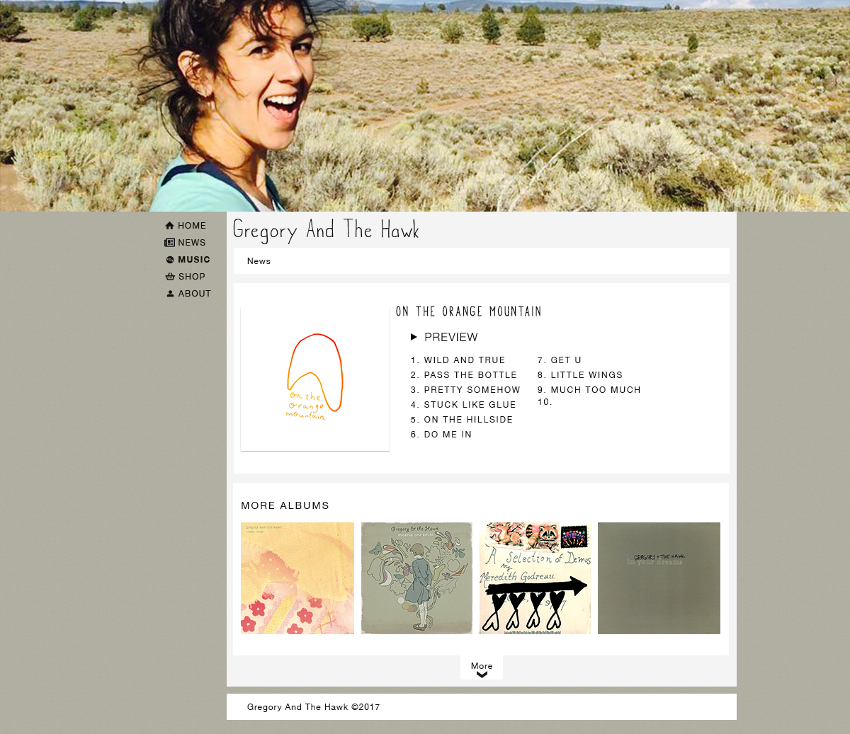 This is the discography page design for the Gregory and the Hawk website. It follows the same format of the home page. The header image on this page is a photo of the artist smiling with a grassy field in the background. The first content block shows a larger version of the album image, a music player for previewing the songs, and the album's track list. The second content block contains a grid of all of the band's songs. Clicking on an album from the grid would change the album and previews in the first content block.