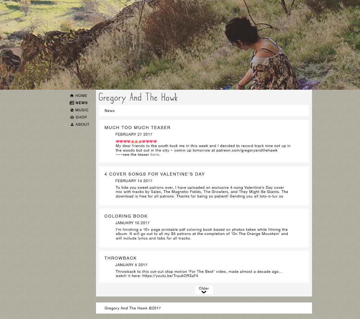 This is the news page design for the Gregory and The Hawk website. It follows the same format of the home page. The header image for this page displays the artist sitting on a grassy hill. The news feed on this page is drawn from their Facebook feed.