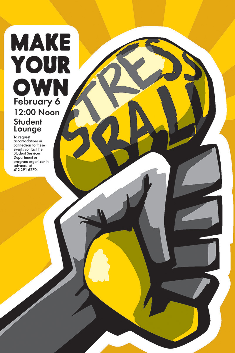 This is a poster design for the Make Your Own Stress Ball event. It uses a bold custom illustration of a hand gripping a stress ball as its focus. Stretching across the top of the stress ball are the words 'Stress Ball' which continue from the rest of the event title that is outside off the stress ball. There are thick yellow and yellow-orange lines radiating out from the top of the stress ball, drawing focus to the type. The use of bright yellow and stark grey help the poster stand out and attract attention.